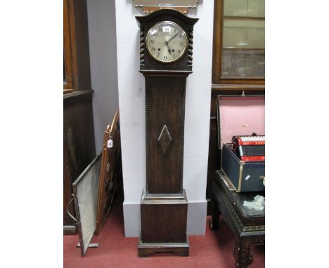 1920's Oak Cased Grandmother Clock, with barley twists to hood, black numerals to silvered dial, 8 day movement. 