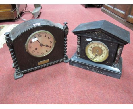 XIX Century Black Slate Mantel Clock, with marble cylindrical columns, 1920's oak cased example. 