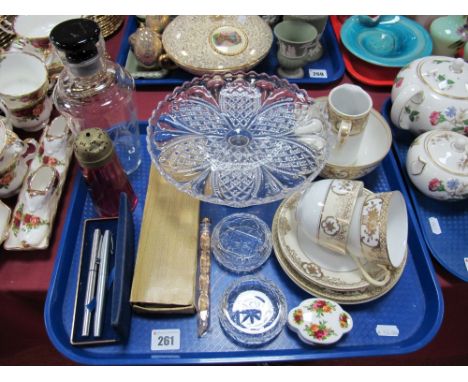 Art Deco Glass Decanter, cranberry sugar caster, Noritake teaware, eight Oriental figures etc:- One Tray 