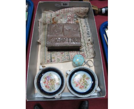 Two XIX Century Samplers, Art Nouveau cigarette box, dishes, etc:- One Tray