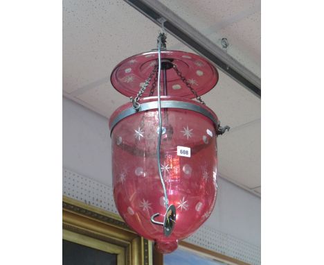 Cranbery Coloured Glass Ceiling Light, of acorn form with iron fittings. 