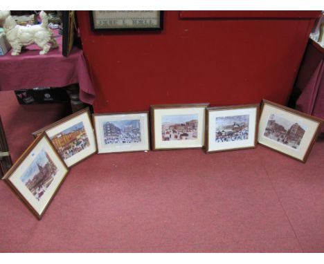 A Set of Five Framed Terry Gorman Prints of Sheffield, Coles Corner, Cathedral, Banners of Attercliffe, The Hippodrome, The M