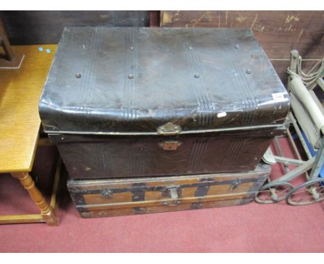 A Circa 1940's Wooden Ribbed Chest, with metal strapwork, and a mid XX Century tin trunk. (2) 