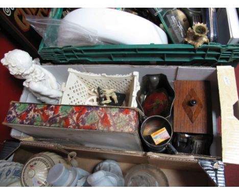 White Pottery Posy Chariot (damaged) Bassets tin, oak trinket box trophy, matchbox, 'The Landrover', bus, etc:- One Box