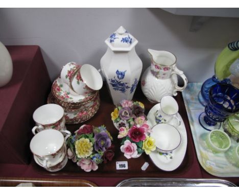 Caughley Mask-Head Jug, Staffordshire hexagonal vase and cover, Royal Stafford 'Old English Garden' tea ware, posies etc:- On