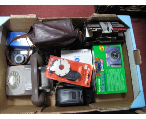 XX Century Telephone EET 79/-21034, box camera, Pentax optiol 60 camera, Fujifilm instax 100 instant camera, Minolla camera, 