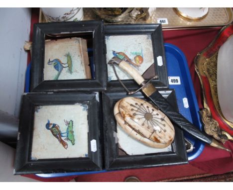 Four XIX Century (?) Dutch Delft Tiles, each depicting central image of a single bird, each 13 x 13cms, in ebonised frames, (