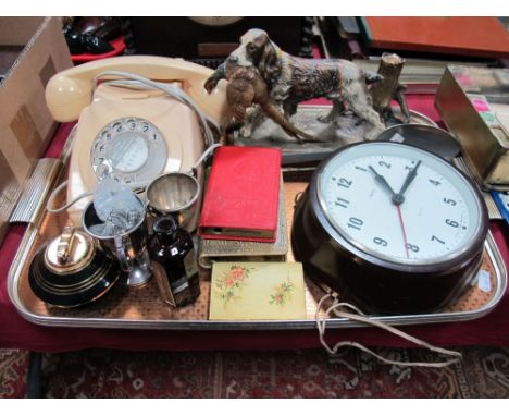 Spelter Table Lighter as a Pointer Dog by Tree Stump, bakelite cased wall clock, cream telephone 746F SPK 72/1, Colibri light