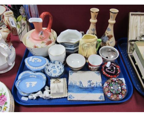 Pair of XIX Century Overlaid Tan Glass Vases, painted white glass jug, Wedgwood Jasperware, Delft tile, paperweights, etc:- O
