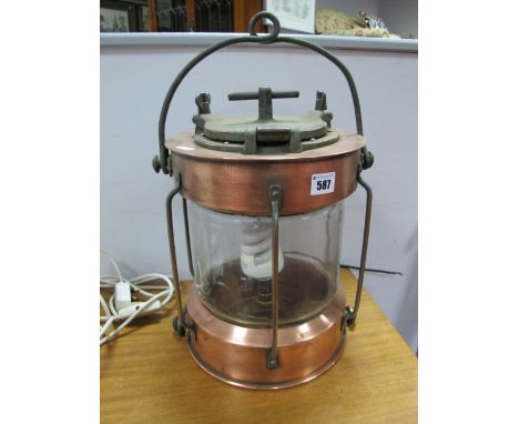 XIX Century Copper Ships Lamp, with brass fittings and label 'anchor' and 'meterite 99455 (electrified). 