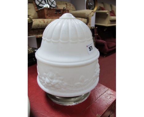 Art Deco White Glass Lightshade, floral and shell decoration with chrome mount. 