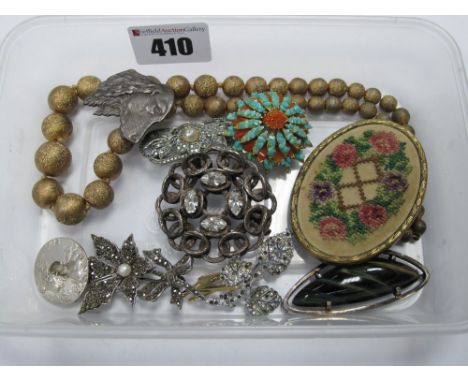 Art Nouveau Style Brooch, "Printemps", a Spaniel head brooch stamped "silver", beads, further brooches:- One Box 