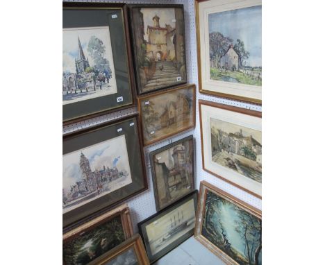 XIX Century Watercolour, figure outside country house, 26 x 38cms, A.N. Blackman, hand tinted print 'America Bound', pair of 