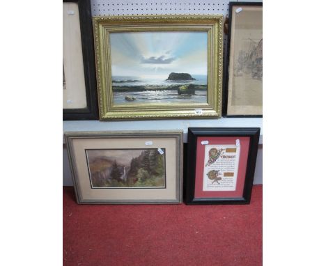 S.Harrison, Sun Lit Seascape, Oil on Canvas, 29.5 x 39.5cms, signed lower right, waterfall scene watercolour, framed manuscri