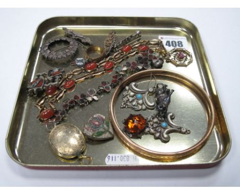 A XIX Century Scottish Hardstone Inset Bracelet, (damages), together with a bangle, XIX Century and later brooches, oval lock