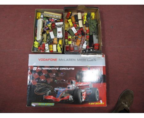 Quantity of Diecast Vehicles, including Dinky, Majorette, Matchbox, Corgi:- Two Boxes and Scalextric 