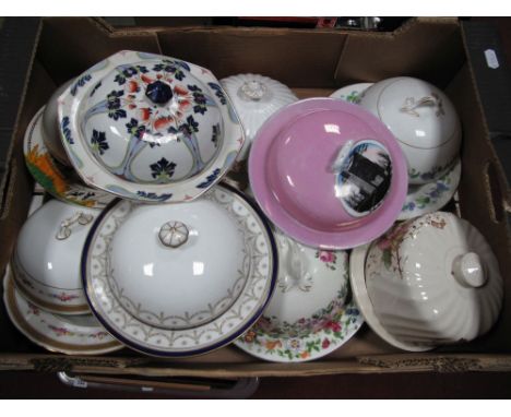 Eight Victorian and Later China Muffin Dishes, varying design including, Art Nouveau themed, Royal Crown Derby, 'Castleton' s