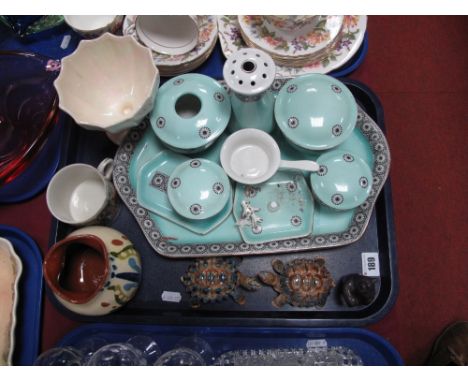 Edwardian Trinket Set, Winton lustre pedestal bowl, Hjorth Denmark bear, etc:- One Tray