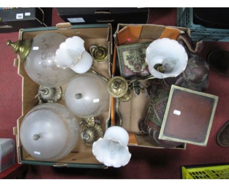 Three Globular Glass Ceiling Lights, having gilt metal fittings, three branch ceiling light, Resin elephant planter. 