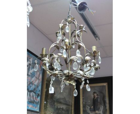 XX Century Five Branch Ceiling Light, with foliage decoration and pear shaped drops, (some drops missing). 