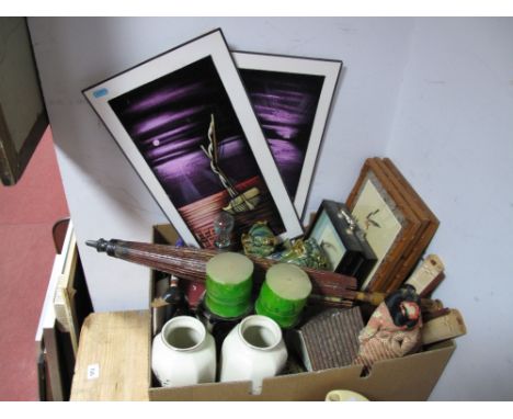 Oriental Type Items, including pair of stoneware temple lions, three bird prints in bamboo effect frames, pair of vases, meta