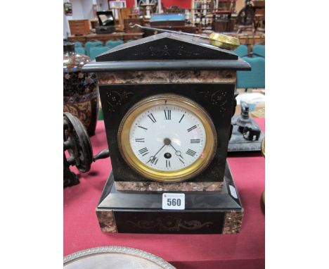 XIX Century Black Slate Mantel Clock, with an arched pediment, circular dial, on a plinth base. 