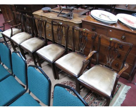 A Set of Six Chippendale Style Mahogany Dining Chairs, shaped cresting over pierced and scrolled vase splat, on moulded squar