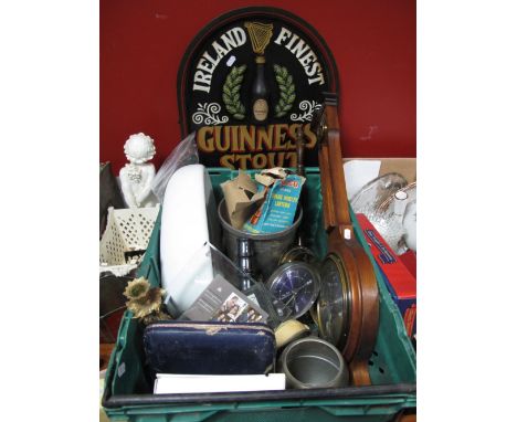 Wall Barometer, Cannon Poker stand, pewter biscuit jar, clocks, etc:- One Box and Guinness Wall Sign