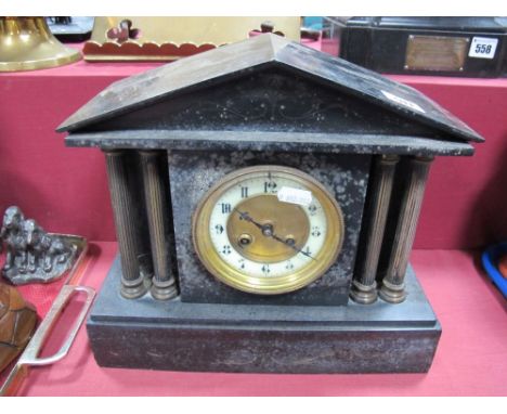 Late XIX Century Black Slate Cased Mantel Clock, with brass Corinthian column supports, and black numerals to cream chapter r
