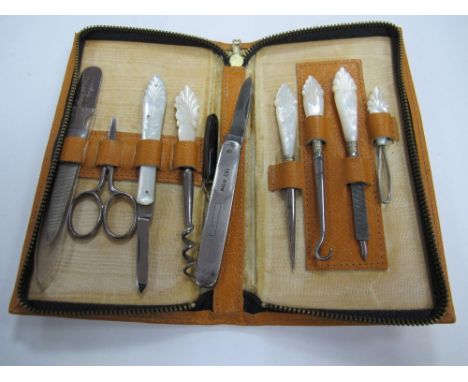 A Case Containing Assorted Mother of Pearl Ladies Items, including nail file, button hook, together with scissors, single bla