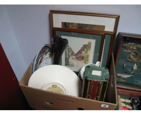 Royal Albert 'Old Country Roses' Wall Clock, Prince Bros pickled cabbage jar, other ceramics, prints:- One Box