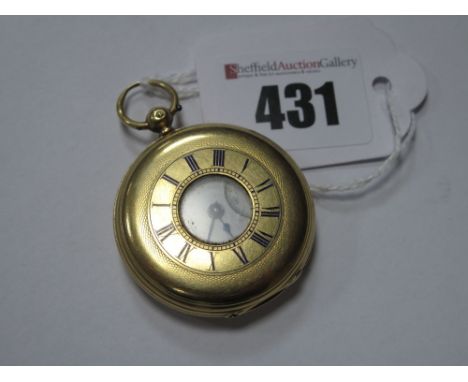 An 18ct Gold Cased Half Hunter Fob Watch, the white dial with black Roman numerals and seconds subsidiary dial (lacking hand)