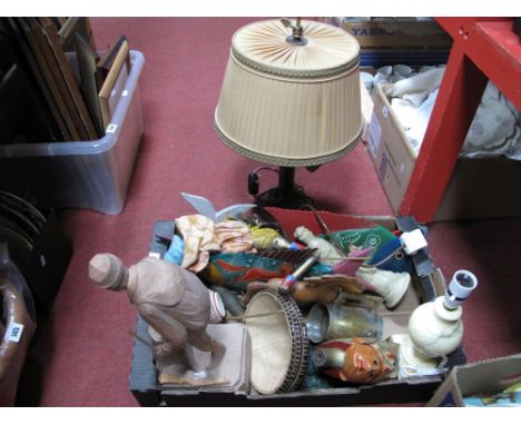 Carved Wooden Mountaineer Figure, puppet, painted wooden fish, lamps, etc:- One Box 