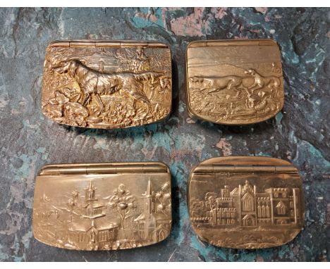 A James Dixon and Sons Cornish pewter rounded rectangular&nbsp; snuff box, the cover embossed with hound, 6.25cm;&nbsp; anoth