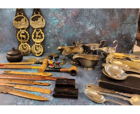 Boxes and Objects - a treen snuff box;&nbsp; another papier mache;&nbsp; treen book marks;&nbsp; horse brasses;&nbsp; flatwar