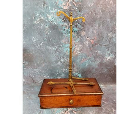 A set of 19th century&nbsp;&nbsp;brass beam balance scales, mahogany stand, with drawer, 25cm wide, 14cm dee 