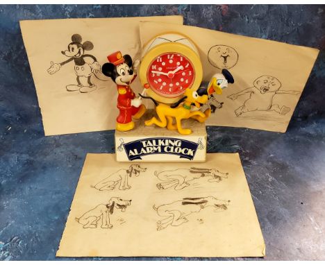 Juvenalia - a novelty Disney ' talking alarm clock ' by Bradley; Early / mid 20th century graphite drawings of Mickey Mouse a