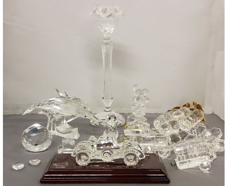 Swarovski - a dolphin;&nbsp; candlestick;&nbsp; train;&nbsp; other glassware similar, Mickey and Minnie Mouse;&nbsp; grapes;&