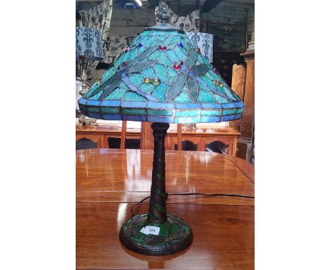A Tiffany style Dragon Fly lamp, the shade and column with dragonflies&nbsp; 