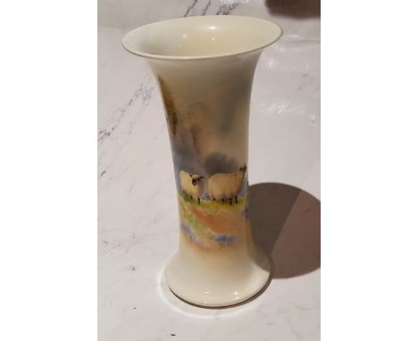 A Royal Worcester flared cylindrical vase, painted by Harry Davis, signed, with highland sheep in a landscape, 19cm high, cro