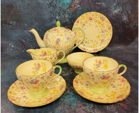 A Foley Bone China tea for two, pattern 2798, decorated with colourful flowers, light green borders, printed marks 