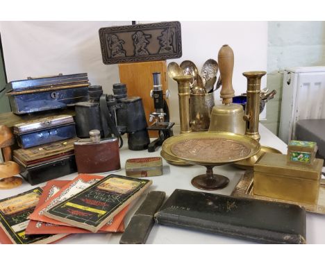 A Hino Milton Tokyo microscope, cased;&nbsp; Super Zenith 10 x 50 binoculars;&nbsp; Ordnance Survey maps;&nbsp; cash boxes; s