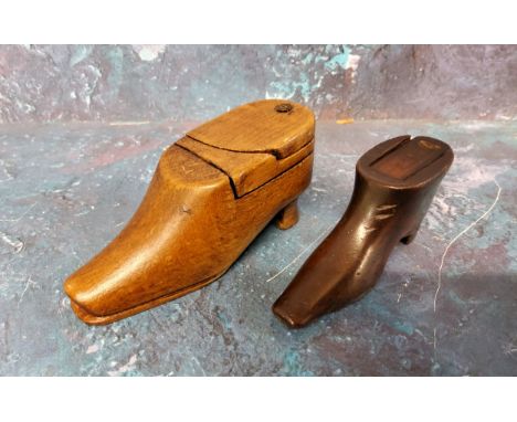 A 19th century novelty shoe snuff box, 8cm wide, c.1840;&nbsp; another, 10cm wide (2) 