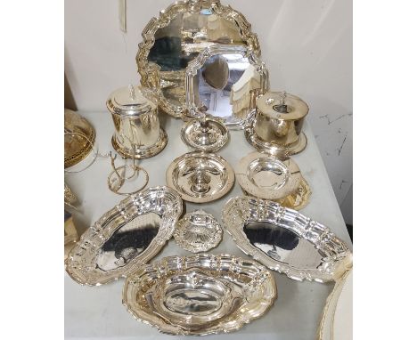 Silverplate - gallery trays, Victorian tea caddy, another; shaped oval dishes, shell shaped trinket dish, etc qty  Full VAT o