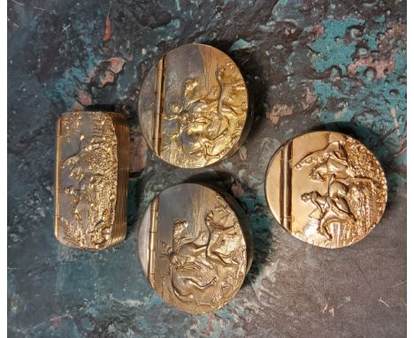A James Dixon and Sons Cornish pewter circular snuff box, the cover embossed with horse, huntsman and stag, 5cm diam;&nbsp; a