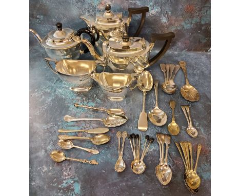 A four piece E.P.N.S. tea service;&nbsp; a similar teapot;&nbsp; flateware 