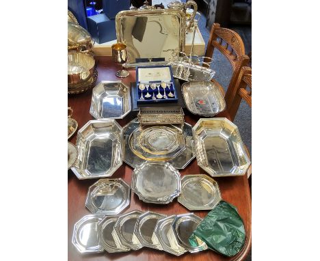 An Asprey silverplate gallery tray; boxed Mappin &amp; Webb assay office spoon set; cruet stand; gilt interior goblet; vegeta