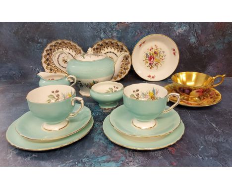 An Aynsley Orchard Gold teacup and saucer, signed N Brun, printed marks; an Aynsley tea for two, pattern c2169, printed marks