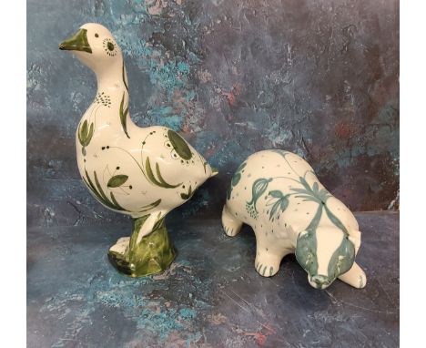 A Rye Pottery model, of a Badger, designed by David Sharp, 36cm long, painted mark;&nbsp; &nbsp;a similar Goose (2) 