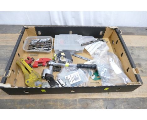 Box of workshop tools and accessories which include screws, drill bits, pipe cutters etc.